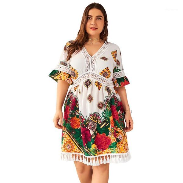 

floral print boho holiday dress plus size women summer v neck short sleeve lace hollow out tassel midi dress tunic beach dresses1, White;black
