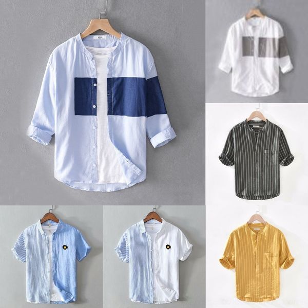 

ms7kt stand cotton linen men's summer shirtshirt 4 7 shirtsleeve loose fashion cool collar linen color matching shirt js7qt men's, Blue