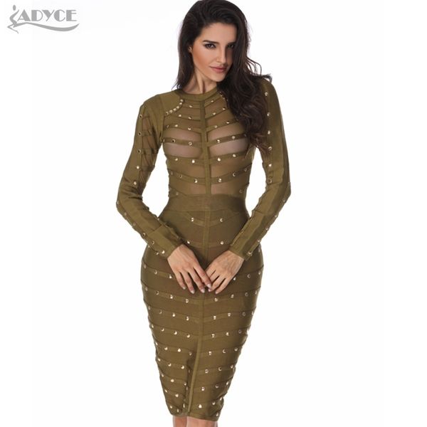 Venda Por Atacado Novo Sexy Mulheres Vestido Malha Botão Estruturado Olive Vermelho Preto Neck High Bodycon Celebridade Pista de Pista Bandage Vestido 201204