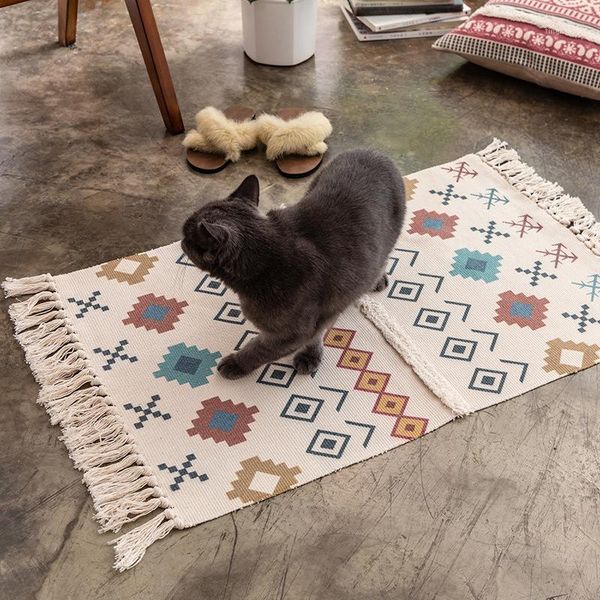 

carpets cilected nordic handmade tassel floor mat cotton and linen entrance door living room carpet home bedroom bedside foot1