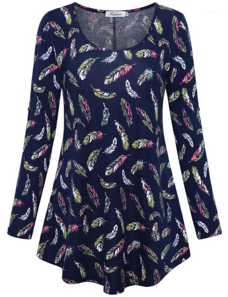 

women's casual long sleeve scoop neck feather printed flared basic tunic 1, White