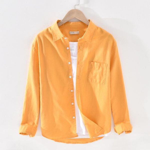 

spring cotton linen soft breathable long sleeve shirts for men with pockets turn down collar japan simple solid color casual, White;black