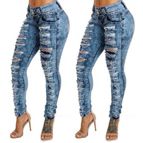

women hole tassel jeans fashion occident trend high waist slim button denim pant designer female autumn new skinny casual zipper pencil pant, Blue
