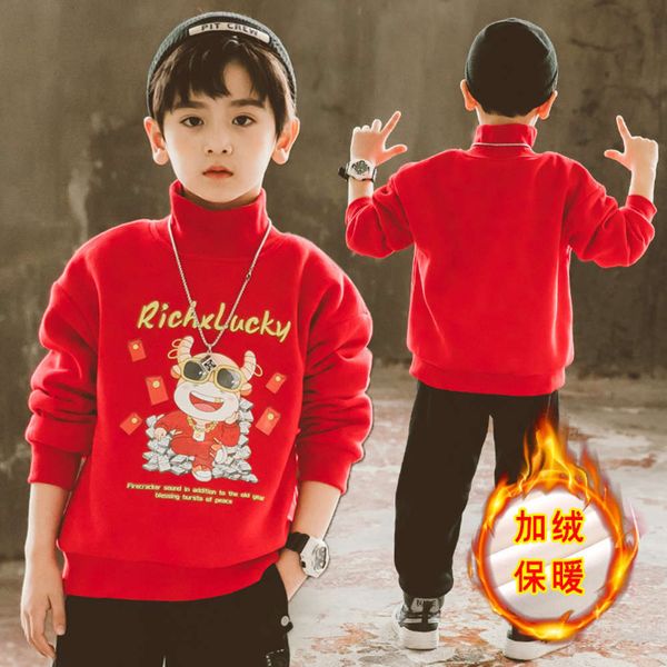 

winter casual half high children's 2020 collar plus plush thickened red new year's wear sweater for children lpjn, Black