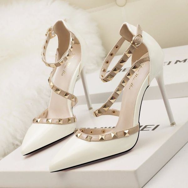 

fashion rivet pointed toe gladiator sandals women high heels 10cm pu women shoes pumps wedding shoes woman sandalias mujer #ux6z, Black