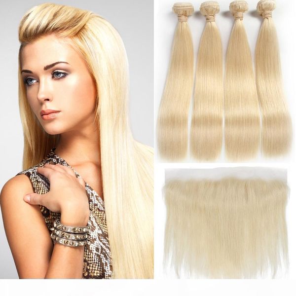 

brazilian straight 613 blonde ear to ear 13x4 full lace frontal closure with 4 bundles virgin human hair blonde bundles weaves extensions, Black;brown
