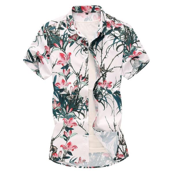 

men's casual shirts camisa masculina shirt for men flowers safflower green leaves floral blouse short sleeve social summer hawaiian sty, White;black