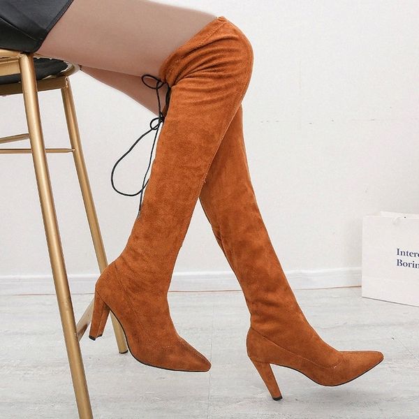 

2021 fashion stretch fabric suede boots pointy toe over-the-knee heel thigh high pointed toe woman boot size 35-42 #7z4z