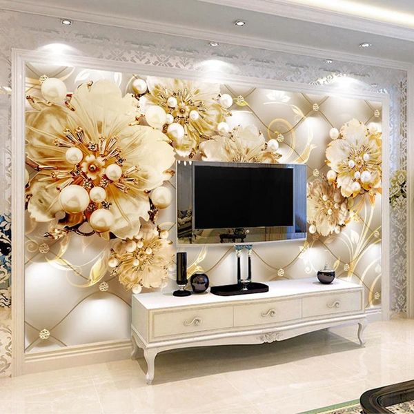 

self adhesive removable sticker wall mural wallpaper 3d european style soft bag golden flower jewelry living room tv background f bbyrwh