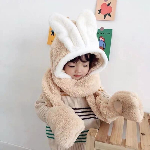 

scarf integrated korean version thickened children's cashmere cap with collar ear protection girl's hat autumn and winter, Red;brown
