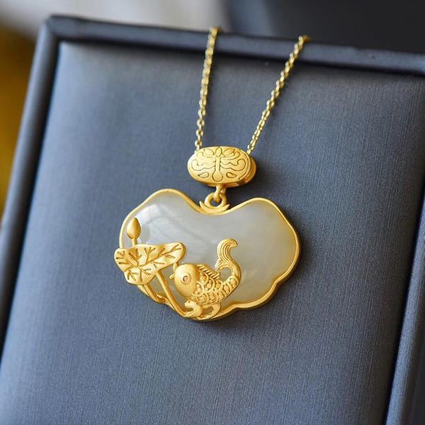 

new original inlaid natural hetian jade chalcedony carp lotus chinese style retro temperament pendant necklace women accessories, Silver