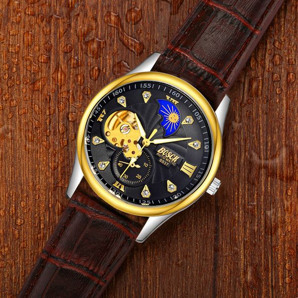 

luminous business watches automatic for waterproof clock skeleton mens men male brand luxury mechanical wristwatches relogio tucjo, Slivery;brown