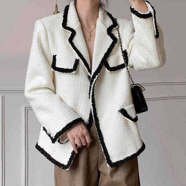 

women's suits & blazers [eam] women vintage white tweed blazer notched collar long sleeve loose fit jacket fashion spring autumn 2022 1, White;black