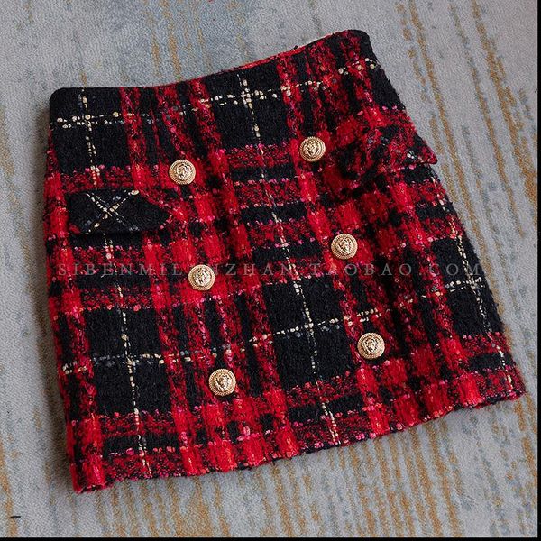 

new fashion small fragrance palid skirt women double breasted embellished tweed mini skirt drop shipping good quality, Black