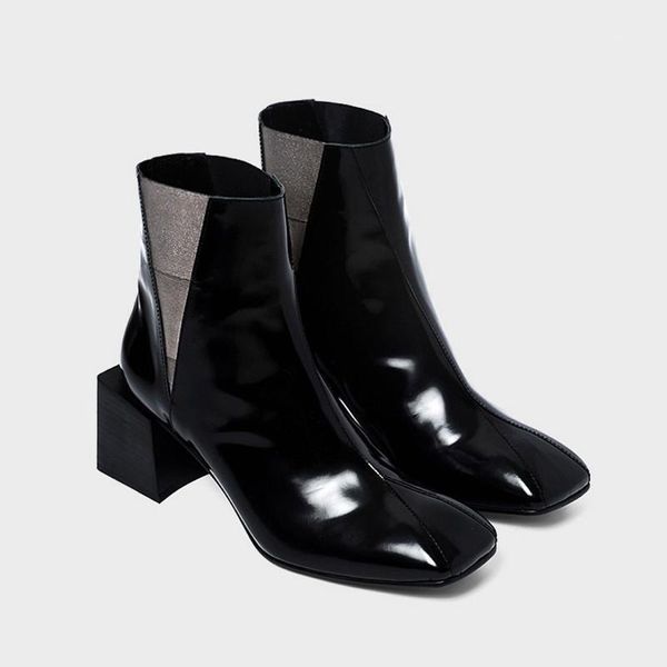 

patent leather ankle boots women square toe mixed colors thick heel booties women fashion party high heels botines mujer1, Black