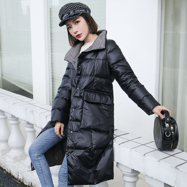 

off season jacket women's middle long style over the knee 2020 new korean version looks thin, double-sided white duck down, Black