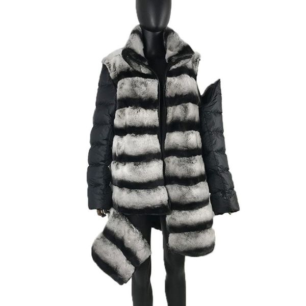 

keviny women's fur & faux fashion chinchilla coat jacket women autumn winter 90 cm long detachable outwear real rex overcoat, Black