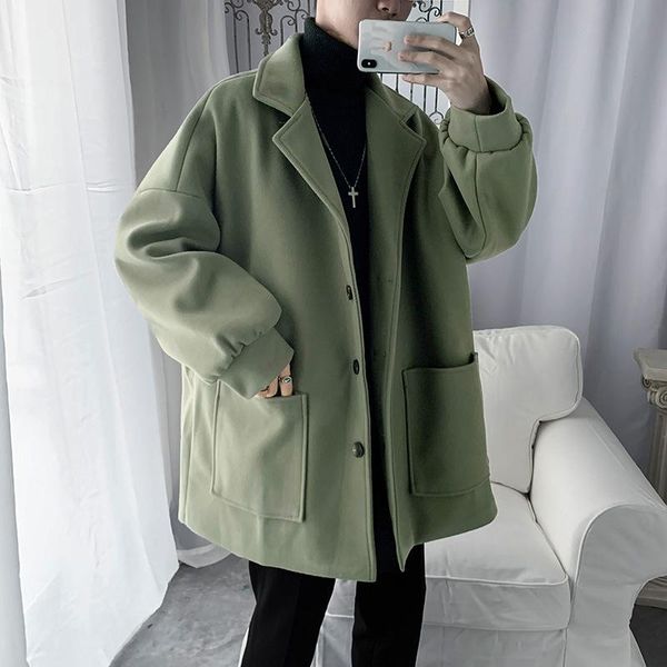 

autumn and winter ulzzang super fire relaxed casual woolen cloth coat male korean-style trend mid-length woolen coat, Black