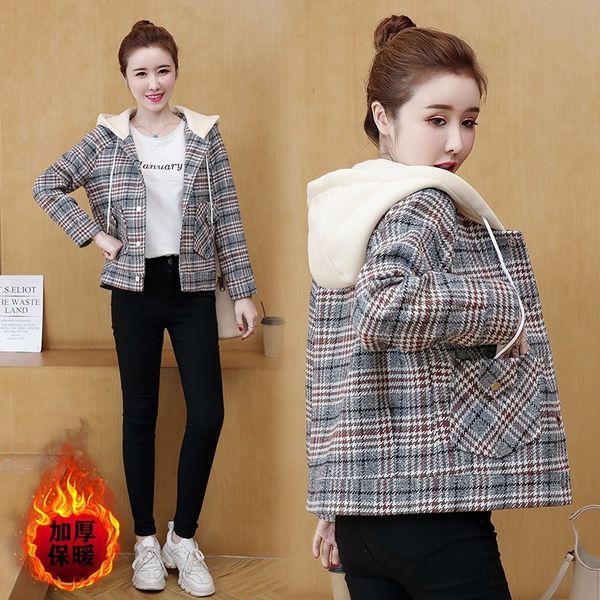 

woolen small plaid with cotton jacket for women's versatile warm and thickened autumn winter 2020 new popular korean version, Black