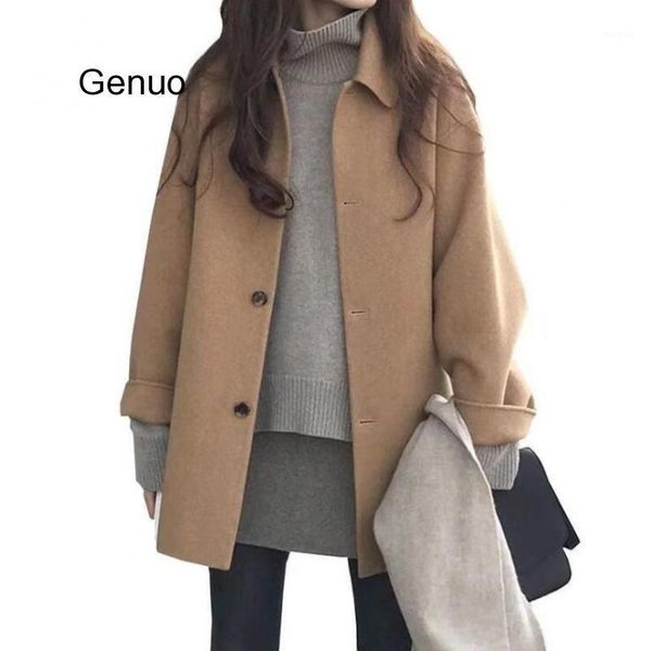

spring autumn woolen single-breasted coat female mid-long new korean temperament women popular outerwear woolen coat streetwear1, Black