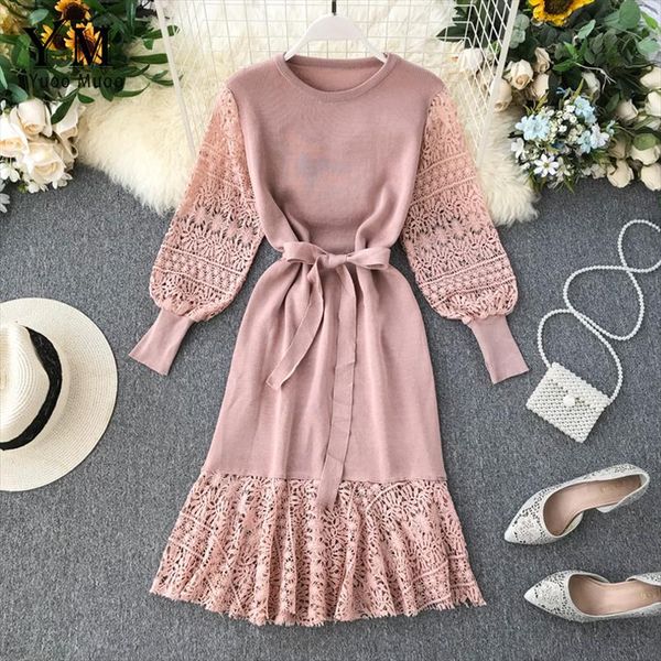 

romantic lace crochet knitted pink party dress 2021 autumn winter elegant long sleeve sashes bandage dress ladies, Black;gray