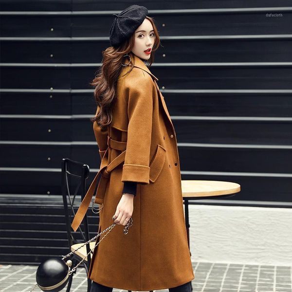 

elegant solid womens x-long coats 2020 winter slim wool blend coat and jacket with sashes fashion ladies belt coats1, Black