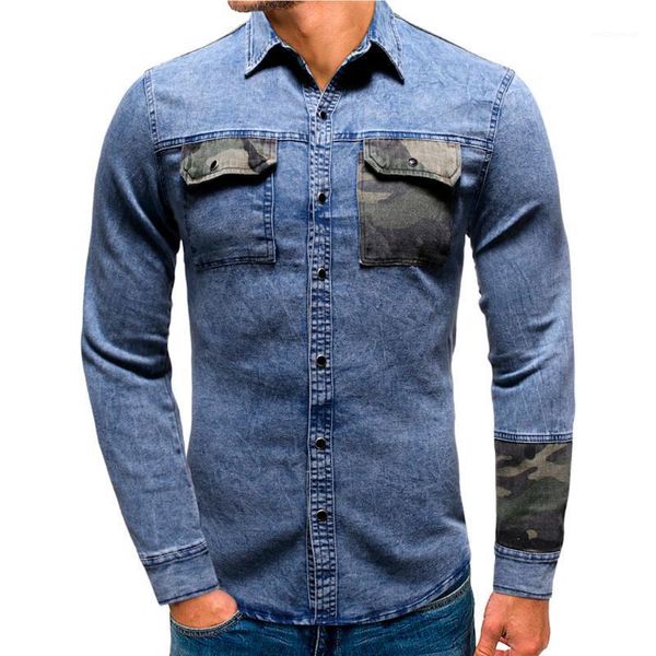 

jeans shirt men casual camouflage patchwork button up man denim cargo shirt with pocket 2020 male spring1, White;black