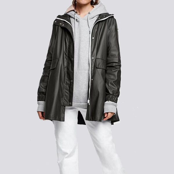 

women's leather & faux 2021 11.11 autumn winter jackets women fashion long sleeve hooded loose casual biker jacket cool girl, Black