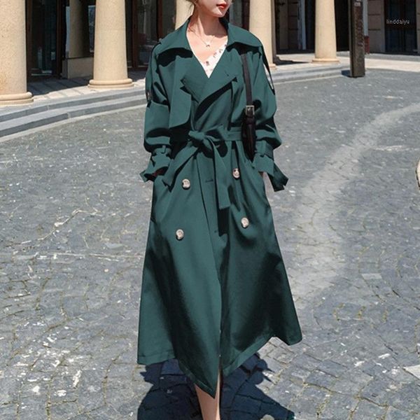 

ewq] 2020 autumn new ladies mid-length windbreaker lapel fashion double-breasted belt waist solid overcoat women 16q1861, Tan;black