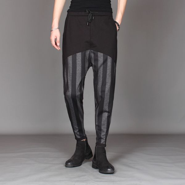 

2021 new fall of men loose leg stripes hare male personality hair small casual foot large crotch pants. h5p9, Black