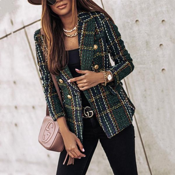 

autumn and winter long-sleeved women plaid button fashion jacket 2020 slim office professional work plus size casual suit1, White;black