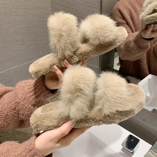 

2021 women warm winter new hair slippers female 2 belt fashion wear thick platform soft fur flat slides shoes1, Black