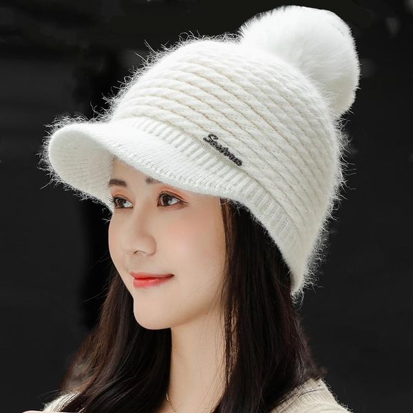 

eenvoudige meisje dikker ski sneeuw cap nieuwe konijnenbont winter hoeden wol vrouwen pompons beanie hoeden vrouwelijke skullies, Blue;gray