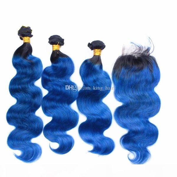 

two tone 1b blue body wave hair 3bundles with lace closure blue hair extension with 4x4 closure, Black