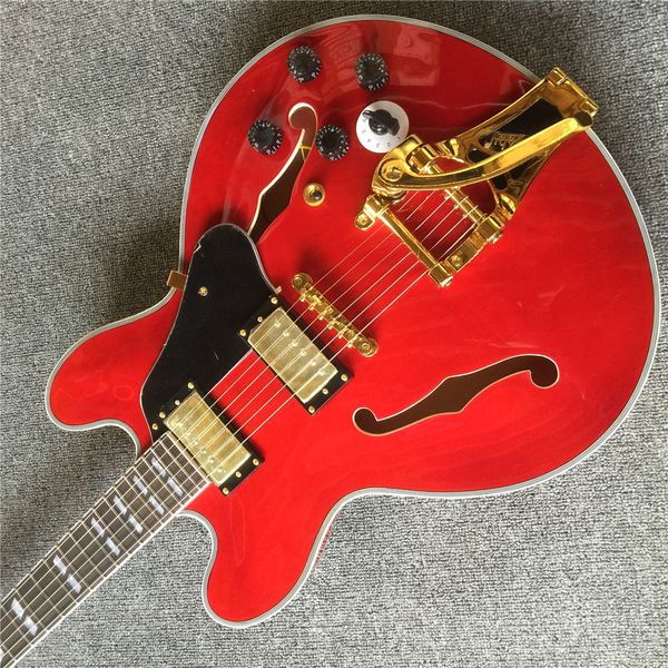 

custom memphis red 335 semi hollow body jazz electric guitar bigs tremolo tailpiece, grover tuners, chrome hardware, block inlay, double f h