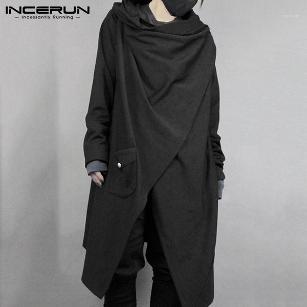

incerun fashion men cloak cape punk style solid irregular coats loose long sleeve streetwear cotton japanese style men trench1, Tan;black