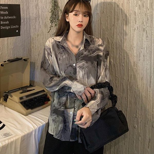 

autumn retro splash ink printing wild shirt fashion smudge turn-down collar long-sleeved blouse, White