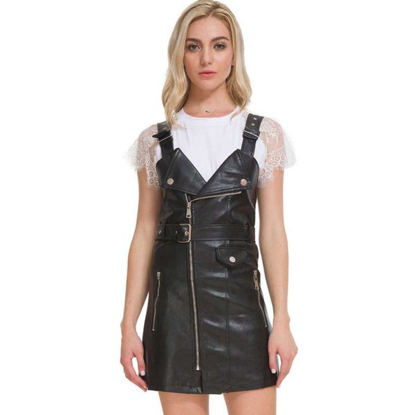 

new spring 2020 and women's summer pu machine leather skirt black suspender drs, Black;gray