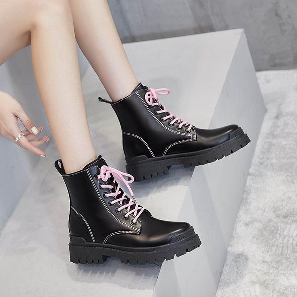 

2020 winter fashion women's boots lace up and calf round head women's boots black mid heel square heel pu shoes