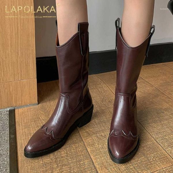

boots lapolaka 2021 design slip-on pointed toe mid calf woman shoes thick heels add fur spring autumn women female1, Black
