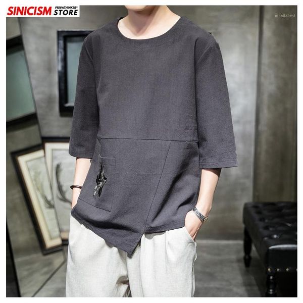 

mrgoldenbowl store 2020 men cotton linen three quarter o-neck t shirt men's spring casual vintage t shirts male clothes fashion1, White;black