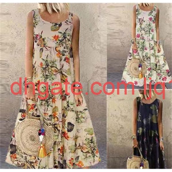 

2020 floral print sleeveless round neck dress, Black;gray