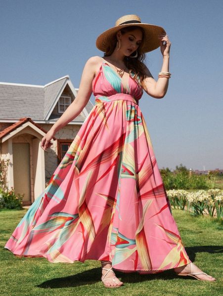 

plus floral print backless plunging neck dress k7d1#, Black