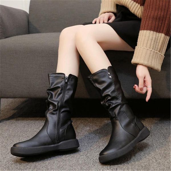 

winter women warm plush fur pu leather mid calf boots mother snow boots female ladies flats shoes zip size 35-42 black brown