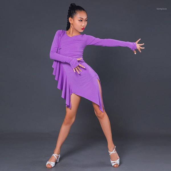 

new latin dance dress for girls irregular purple long sleeve dress tango rumba cha cha samba latin performance clothes dn67021, Black;red