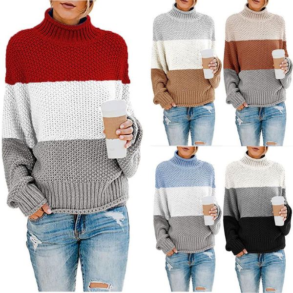 

2020 autumn winter women knit patchwork sweater color matching round neck casual sweater striped elegant pullover jumpers, White;black
