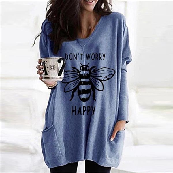 

40 bee print casual loose blouse women plus size pullover long tunic autumn o neck long sleeve shirt blusas mujer, White