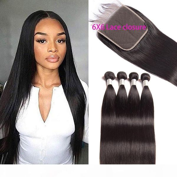 

brazilian virgin hair 4 bundles with 6x6 lace closure straight human hair extensions with six by six lace closure straight 5pieces lot, Black;brown