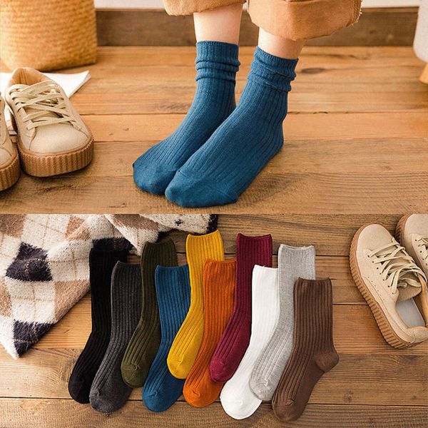 

autumn and winter new cotton solid color medium tube women's double needle vertical bar pile socks, Black;white