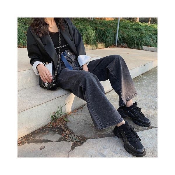 

design street women jeans high waist wide leg trousers female elasticity breathe y adjustable belt fall and winter, Blue